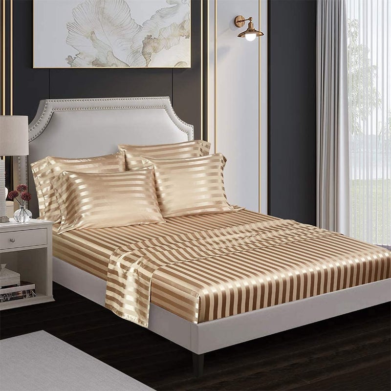 AiMay 6 Piece Satin Italian Style Bed Sheet Set Deep Pocket Striped 1800 Luxury Rich Silk 1 Flat Sheet 1 Fitted Sheet 4 Envelope Pillowcases Stain-Resistant Wrinkle Free (King,Taupe) - Image 3
